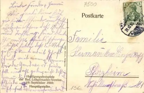 Ak Karlsruhe in Baden, Huldigungsfestspiele 1910, Badische Leibgrenadier-Vereine, Hauptdarsteller