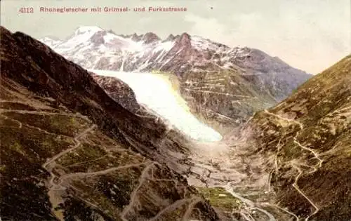 Ak Kt Wallis Schweiz, Rhonegletscher, Grimsel- und Furkastraße
