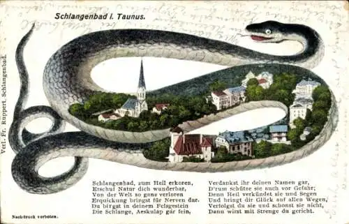 Passepartout Ak Schlangenbad im Taunus Hessen, Panorama vom Ort in Schlange, Gedicht
