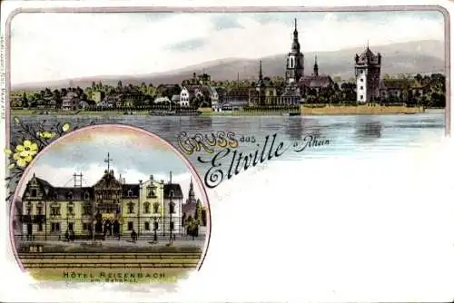 Litho Eltville am Rhein Hessen, Gesamtansicht, Hotel Reisenbach am Bahnhof