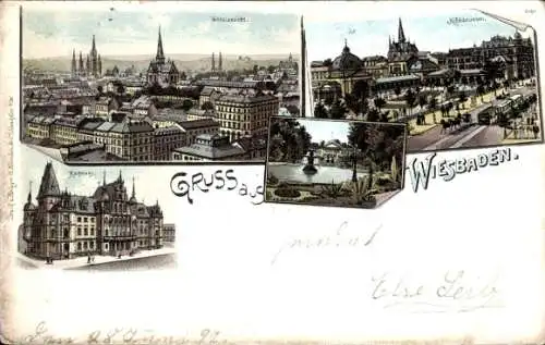 Litho Wiesbaden in Hessen, Rathaus, Kochbrunnen, Totalansicht