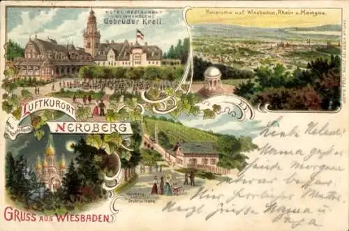 Litho Wiesbaden in Hessen, Neroberg, Griechische Kapelle, Weinburg, Drahtseilbahn