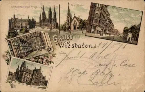 Litho Wiesbaden in Hessen, Rathaus, evangelische Kirche, Wilhelmstraße, Kochbrunnen