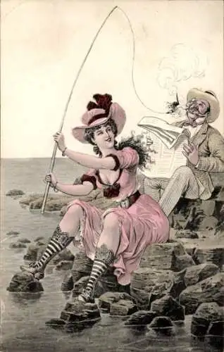 Ak Sect Blätter für fröhliche Laune, Junge Frau beim Angeln, Erotik, Mann beim Zeitungslesen
