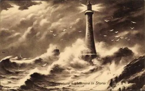 Künstler Ak Cornwall England, Eddystone Leuchtturm im Sturm