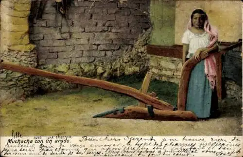 Ak Mexiko, Muchacha con un arado, Frau mit Ackerpflug