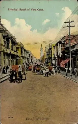 Ak Veracruz Mexiko, Principal Street, Straßenpartie, Geschäfte, Eselskarren