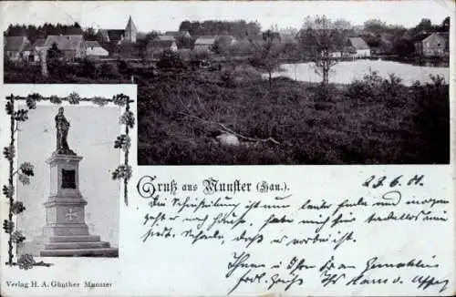 Ak Munster an der Örtze, Stadtpanorama, Denkmal, Flusspartie, Glockenturm