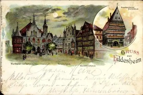 Mondschein Litho Hildesheim in Niedersachsen, Knochenhauer Amtshaus, Wedekindhaus, Templerhaus