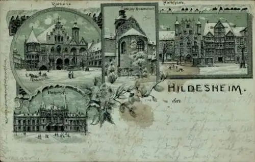 Winter Mondschein Litho Hildesheim in Niedersachsen, Rathaus, Marktplatz, Bahnhof, Rosenstock