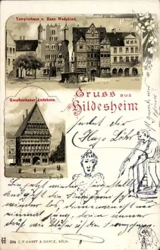 Litho Hildesheim in Niedersachsen, Tempelherrenhaus, Wedekind, Knochenhaueramtshaus