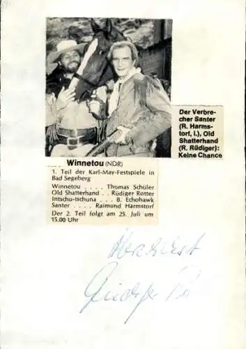 Ak Schauspieler Thomas Schüler, Rüdiger Rotter, Autogramm, Zeitungsausschnitt, Winnetou, NDR