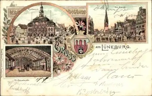 Litho Lüneburg in Niedersachsen, Rathaus, Sand, Wappen