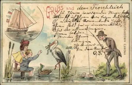 Litho Storch mit Frosch im Schnabel, Kinder, Segelboot, Angler