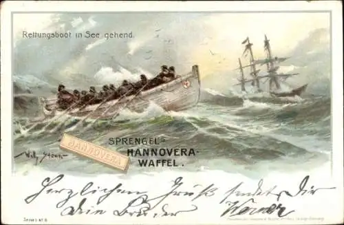 Künstler Litho Stöwer, W., Rettungsboot im See gehend, Sprengels Hannovera Waffel, Werbung