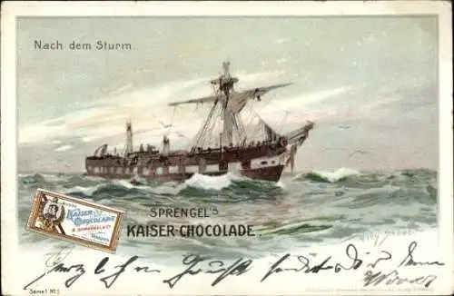 Künstler Litho Stöwer, W., Nach dem Sturm, Zerstörtes Schiff, Werbung, Kaiser-Schokolade