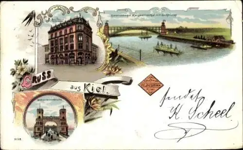 Litho Kiel, Etablissement Margarethental mit Hochbrücke, Kaufhaus
