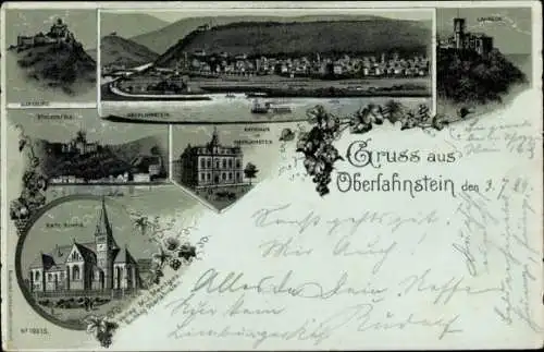 Litho Oberlahnstein Lahnstein am Rhein, Burg Landeck, Katholische Kirche, Rathaus