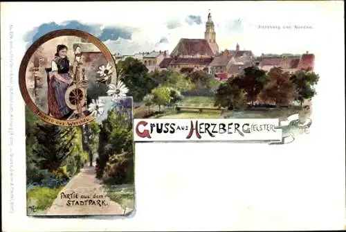 Künstler Litho Schreiber, Herzberg Elster, Bäuerin aus Werchau, Stadtpark, Panorama