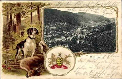 Präge Wappen Litho Bad Wildbad im Schwarzwald, Gesamtansicht, Jagdhund, Erlegtes Reh