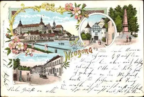 Litho Neuburg an der Donau Oberbayern, Oberes Stadttor, Kriegerdenkmal, Schloss