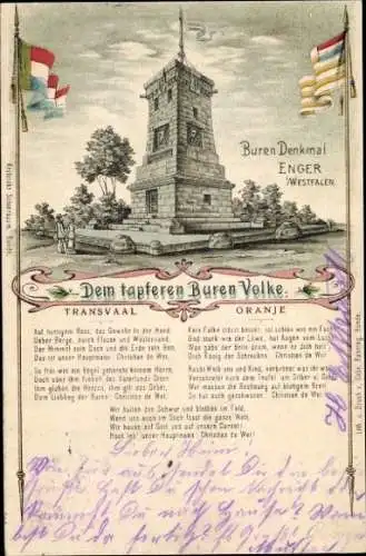 Litho Enger in Westfalen, Buren-Denkmal, Gedicht Dem tapferen Buren Volke