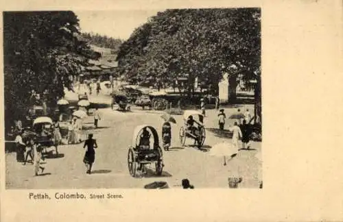 Ak Pettah Colombo Sri Lanka Ceylon, Straßenpartie, Rikschafahrer