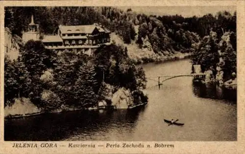 Ak Jelenia Góra Hirschberg Riesengebirge Schlesien, Cafe, Flusspartie, Brücke