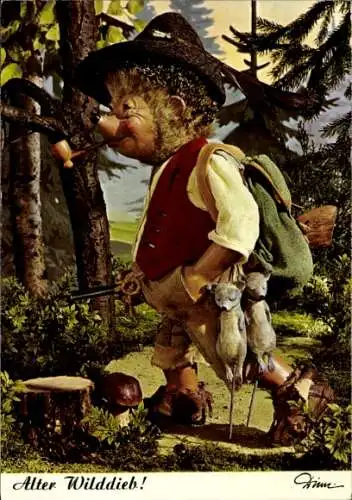 Ak Mecki der Igel, Alter Wilddieb, Mäuse, Pfeife