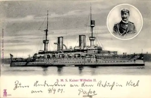 Ak Deutsches Kriegsschiff, SMS Kaiser Wilhelm II, Kaiserliche Marine, Portrait Kaiser Wilhelm II.