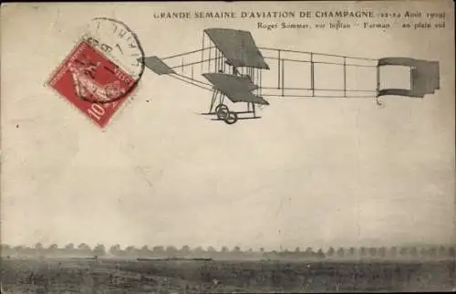 Ak Great Champagne Aviation Week 1909, Roger Sommer auf einem Farman-Doppeldecker