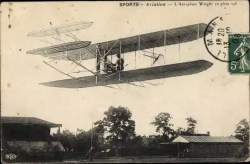 Ak Sports, Aviation, The Wright Airplane in full Flight, Flugzeug in der Luft, Luftfahrtpioniere