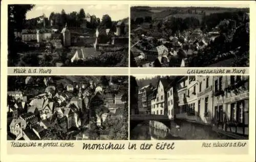 Ak Monschau Montjoie in der Eifel, Burg, Gesamtansicht, Teilansicht mit Kirche
