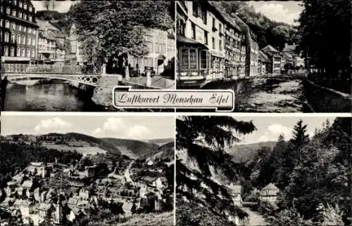 Ak Monschau Montjoie in der Eifel, Teilansicht, Rur, Brücke, Panorama