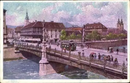 Ak Graz Steiermark, Hauptbrücke, Straßenbahn