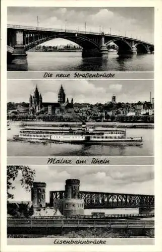 Ak Mainz am Rhein, Neue Straßenbrücke, Ausflugsdampfer, Eisenbahnbrücke