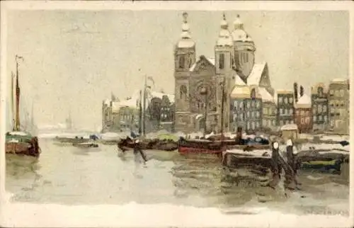 Künstler Ak Cassiers, Henri, Amsterdam Nordholland Niederlande, Boote, Stadtansicht, Winter