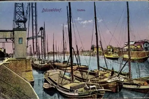 Ak Düsseldorf am Rhein, Hafen, Schiffe, Kran