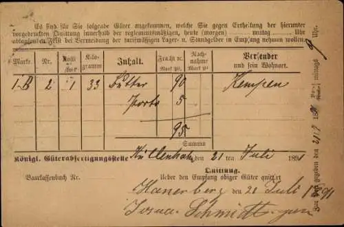 Ak Elberfeld Wuppertal in Nordrhein Westfalen, Eisenbahn-Direktionsbezirk, Quittung