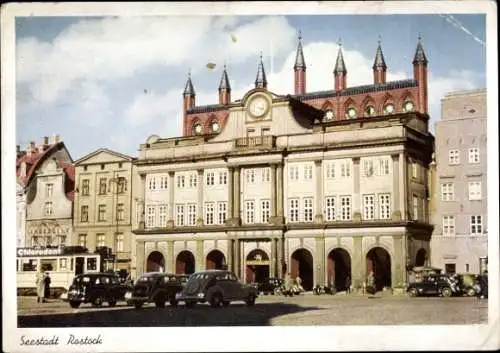 Ak Hansestadt Rostock, Rathaus, Automobile, Straßenbahn