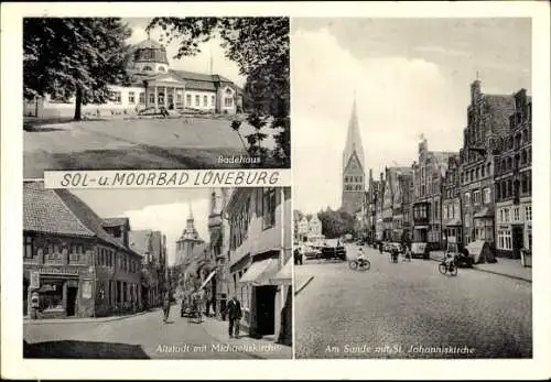 Ak Lüneburg in Niedersachsen, Badehaus, Altstadt, Michaeliskirche, Am Sande, St. Johanniskirche