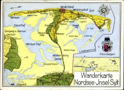 Landkarten Ak Sylt in Nordfriesland, Westerland, Wenningstedt, Friesenwappen, Wanderkarte