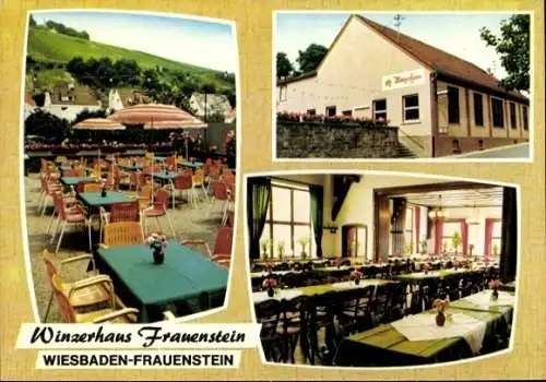 Ak Frauenstein Wiesbaden in Hessen, Winzerhaus Frauenstein, Außenansicht, Terrasse, Innenraum