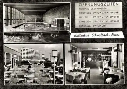 Ak Schwalbach am Taunus Hessen, Hallenbad Schwalbach-Limes, Öffnungszeiten, Innenansichten