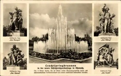 Ak Chemnitz in Sachsen, Neue Schlossteich-Parkanlage, Leuchtspringbrunnen, Figuren