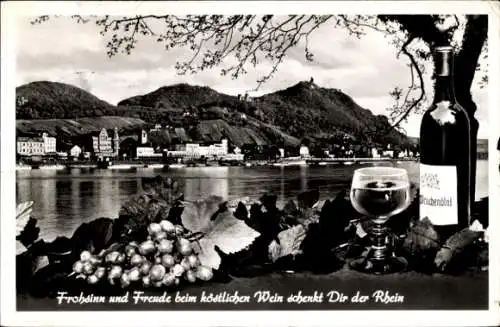 Ak Königswinter am Rhein, Blick auf den Ort und das Siebengebirge, Drachenblut Wein