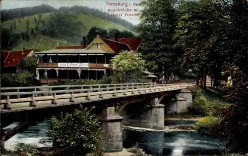 Ak Treseburg Thale im Harz, Bodebrücke, Hotel Forelle