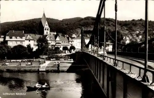 Ak Nassau an der Lahn, Brücke, Bootsfahrer