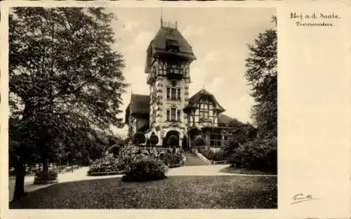 Ak Hof an der Saale Oberfranken Bayern, Theresienstein, Park, Turm