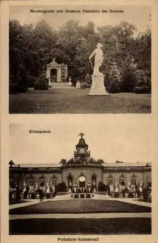 Ak Potsdam Sanssouci, Bildergalerie, Muschelgrotte und Denkmal Friedrichs des Großen